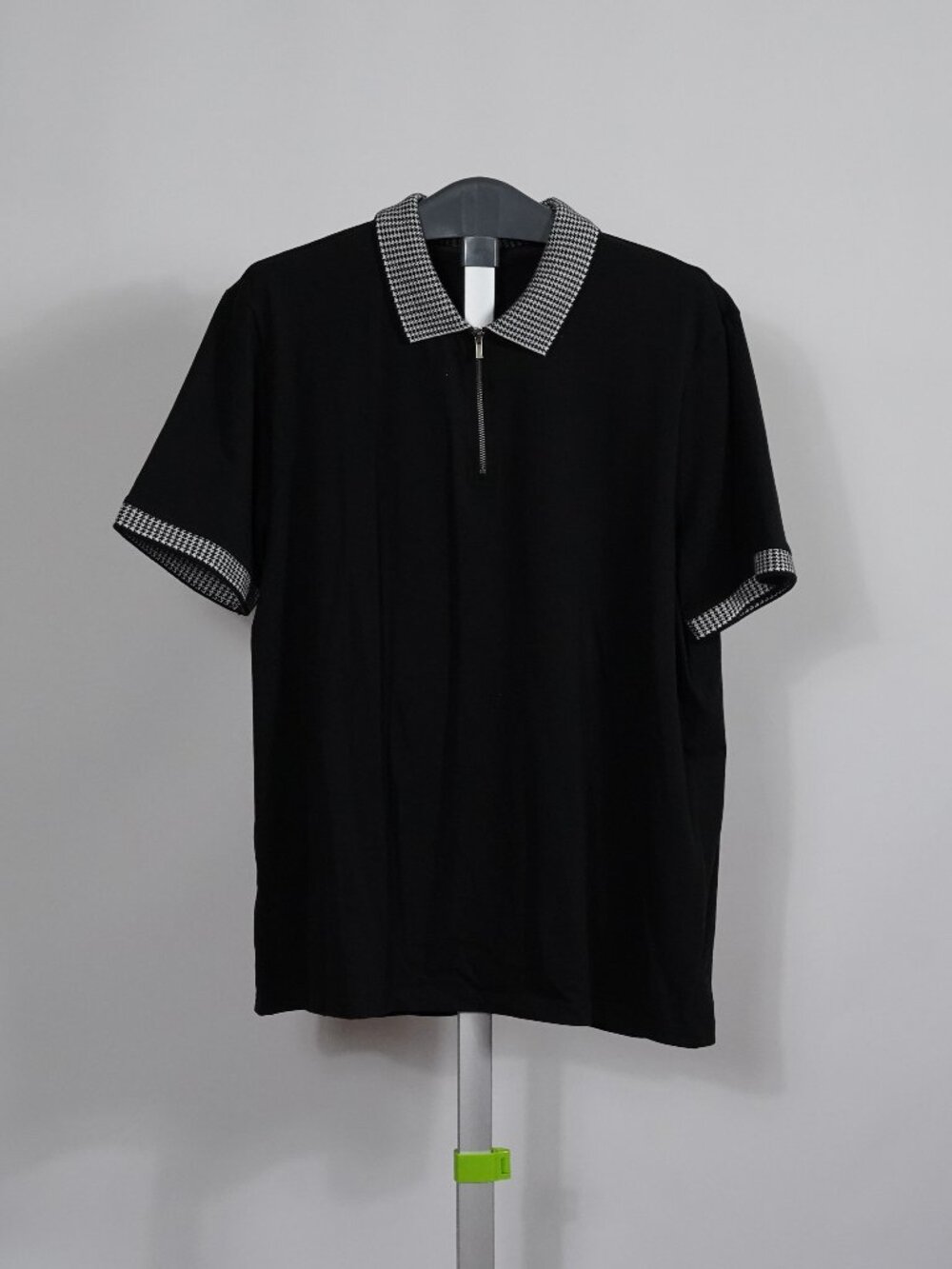Open Edit Men's Black Houndstooth Trim Zip Polo Shirt XL